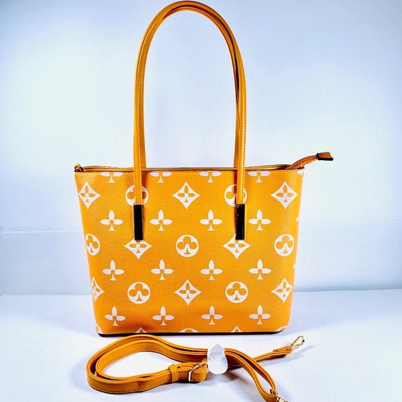 Classic Fashion Handbags - Trendy orange/white monogram pattern tote shoulder crossbody bag/wallet set gold